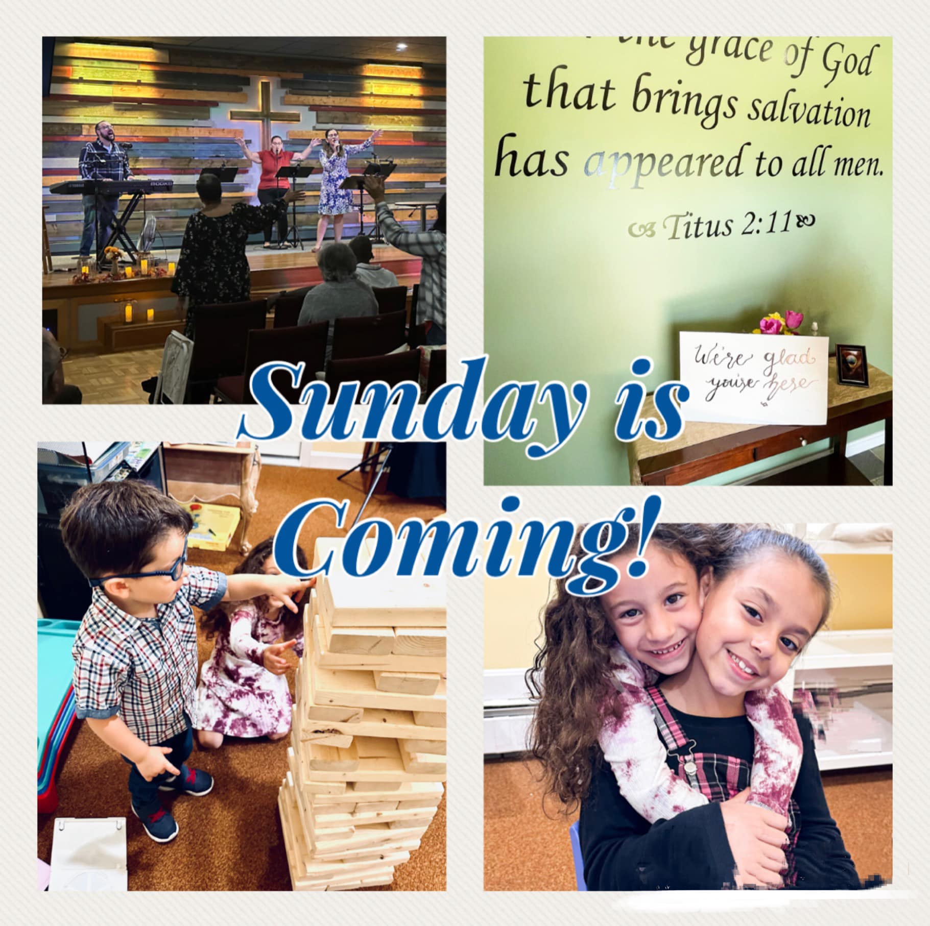 Sunday service collage showing worship, children's activities, and welcoming atmosphere