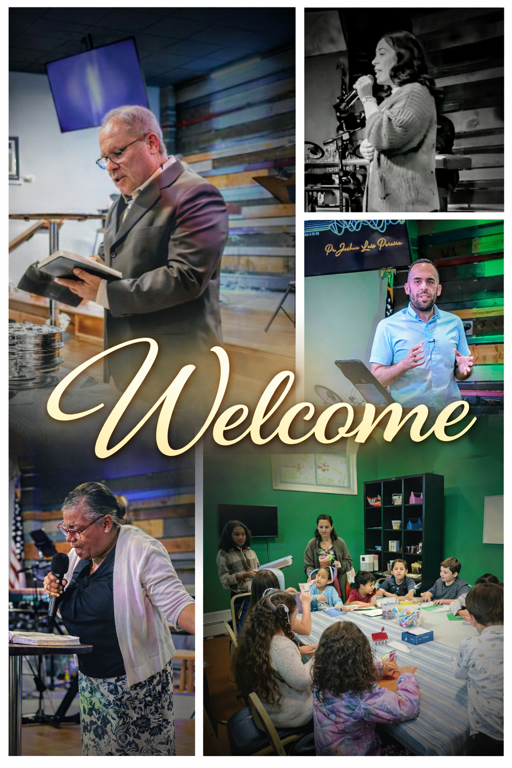 Welcome collage featuring church members preaching, worshiping, and children's ministry at Saving Grace Church